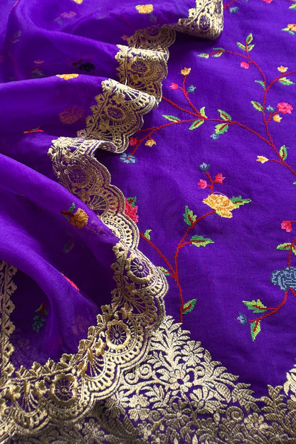 Purple Pure Kora Silk Suit With Cross Stitched Embroidery