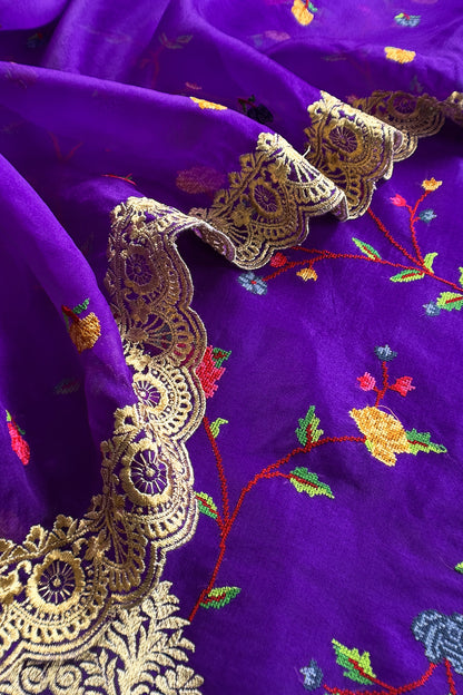 Purple Pure Kora Silk Suit With Cross Stitched Embroidery