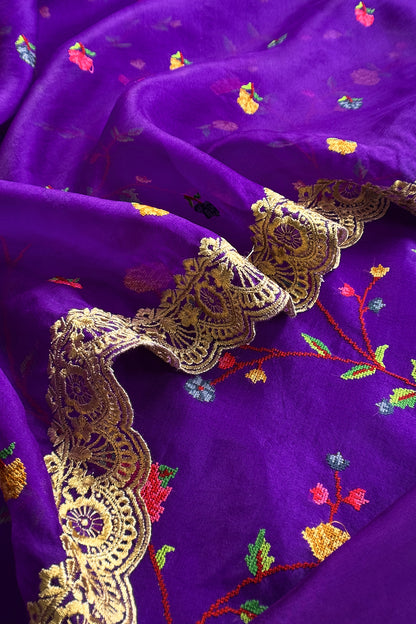 Purple Pure Kora Silk Suit With Cross Stitched Embroidery
