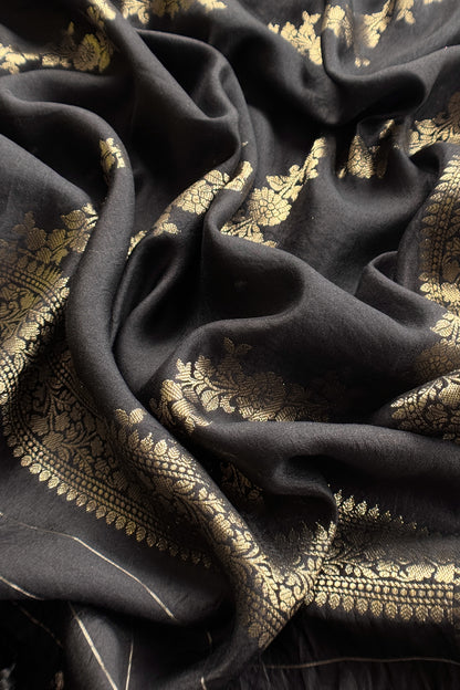 Black Pure Raw Silk Suit With Silk Floral Dupatta