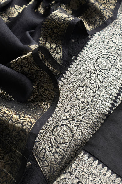 Black Pure Raw Silk Suit With Silk Floral Dupatta