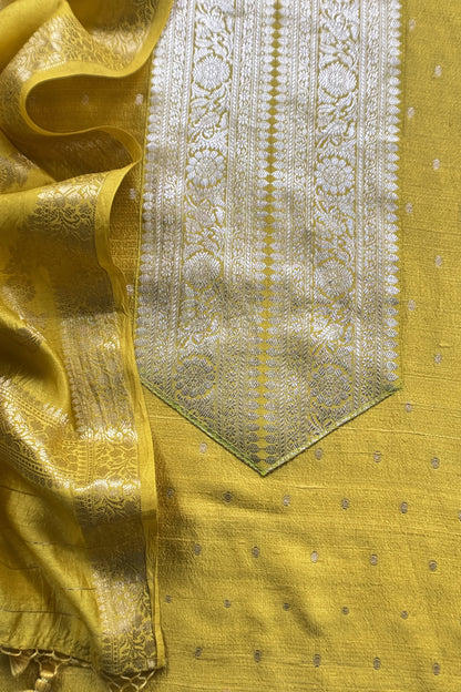 Lime Yellow Pure Raw Silk Suit With Silk Floral Dupatta
