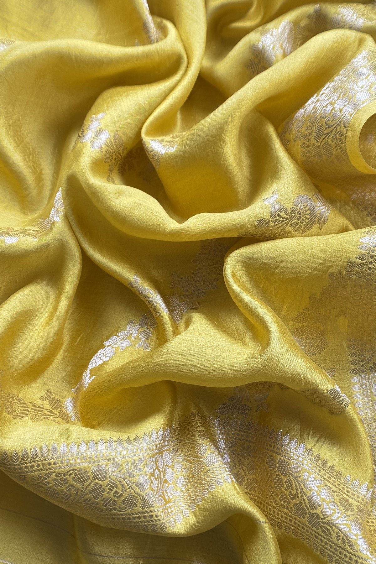 Lime Yellow Pure Raw Silk Suit With Silk Floral Dupatta
