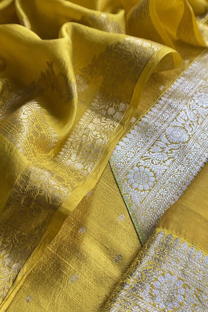 Lime Yellow Pure Raw Silk Suit With Silk Floral Dupatta