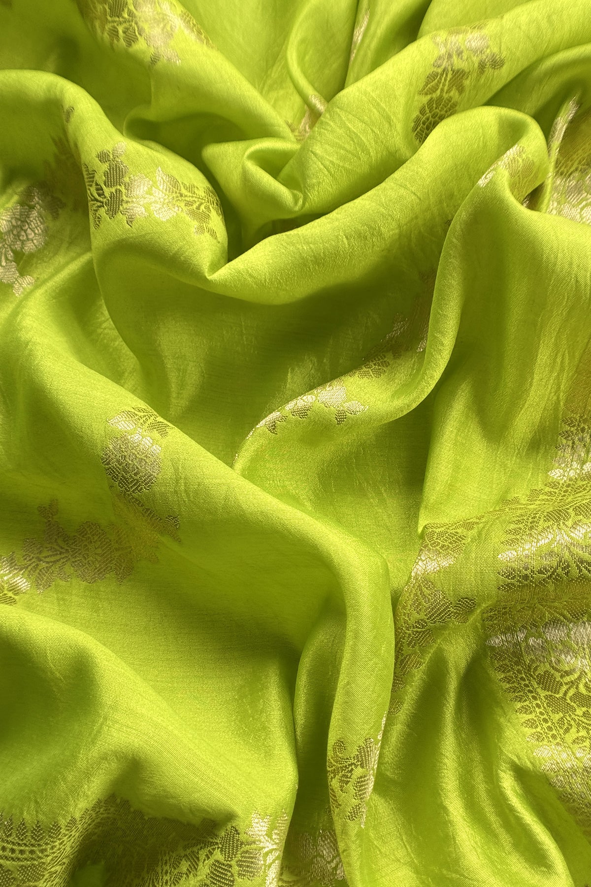 Lime Green Pure Raw Silk Suit With Silk Floral Dupatta