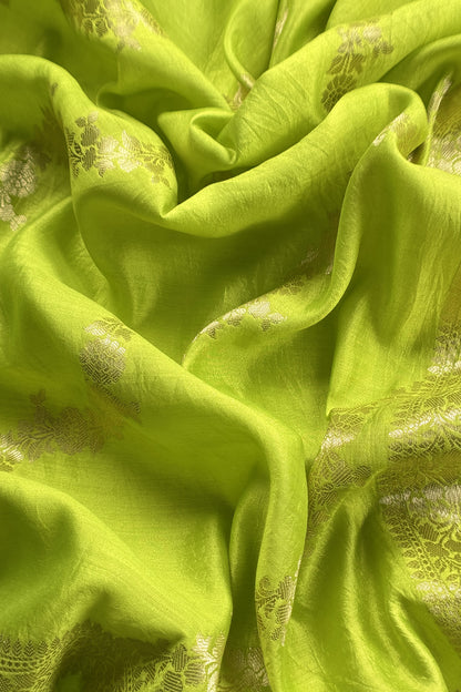 Lime Green Pure Raw Silk Suit With Silk Floral Dupatta