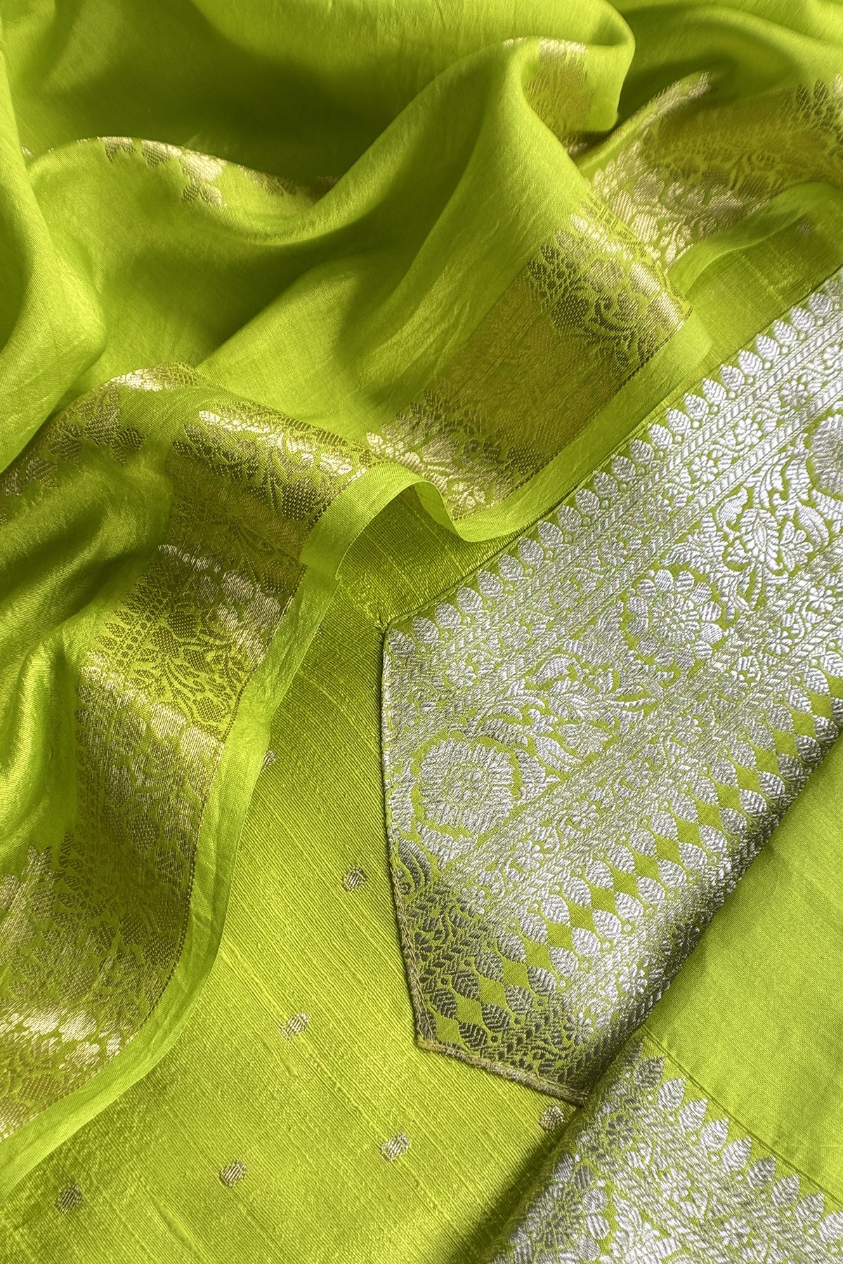 Lime Green Pure Raw Silk Suit With Silk Floral Dupatta