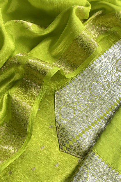 Lime Green Pure Raw Silk Suit With Silk Floral Dupatta