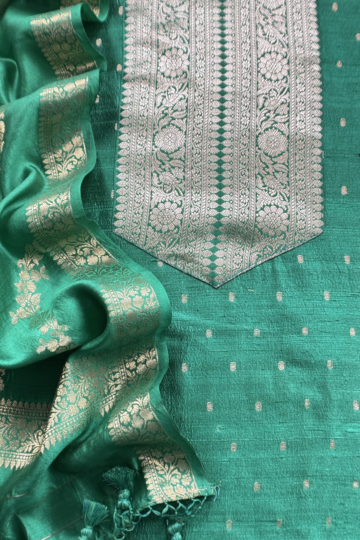 Sea Green Pure Raw Silk Suit With Silk Floral Dupatta