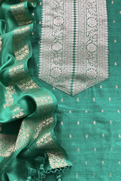 Sea Green Pure Raw Silk Suit With Silk Floral Dupatta