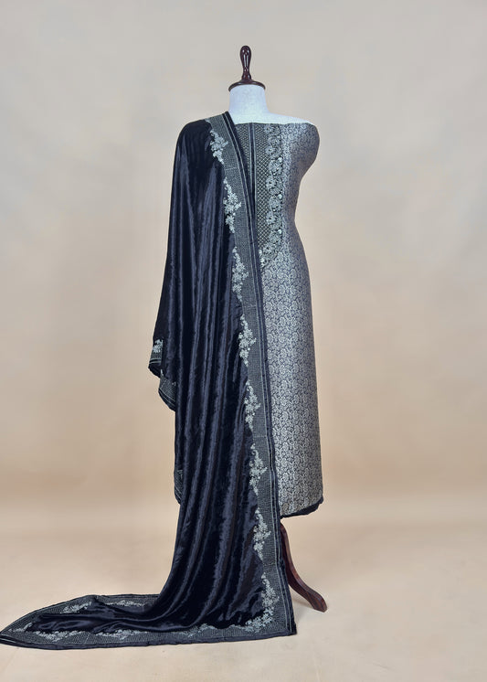 Black Brocade Silk Suit With Velvet Dupatta