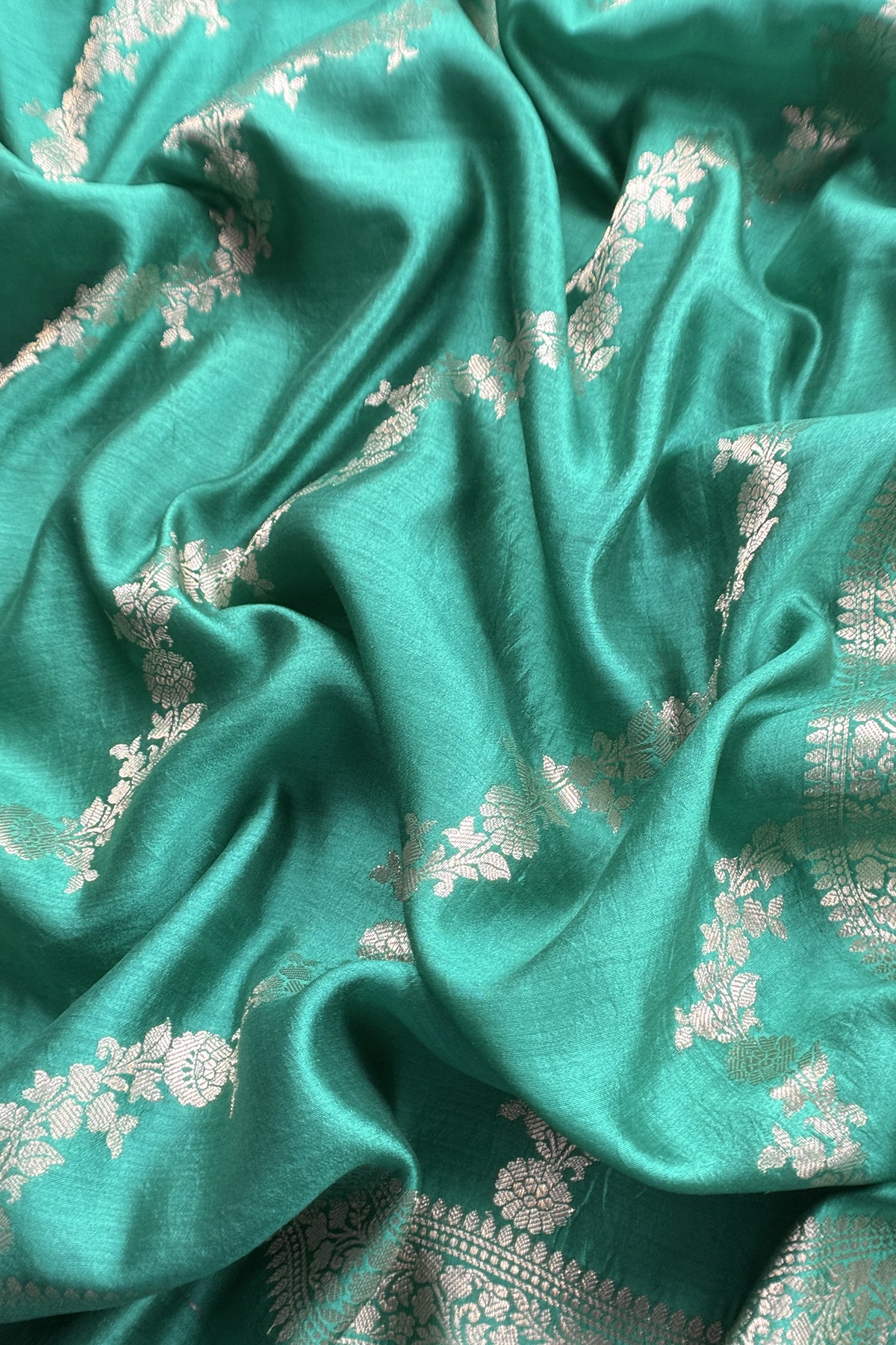 Sea Green Pure Raw Silk Suit With Silk Floral Dupatta