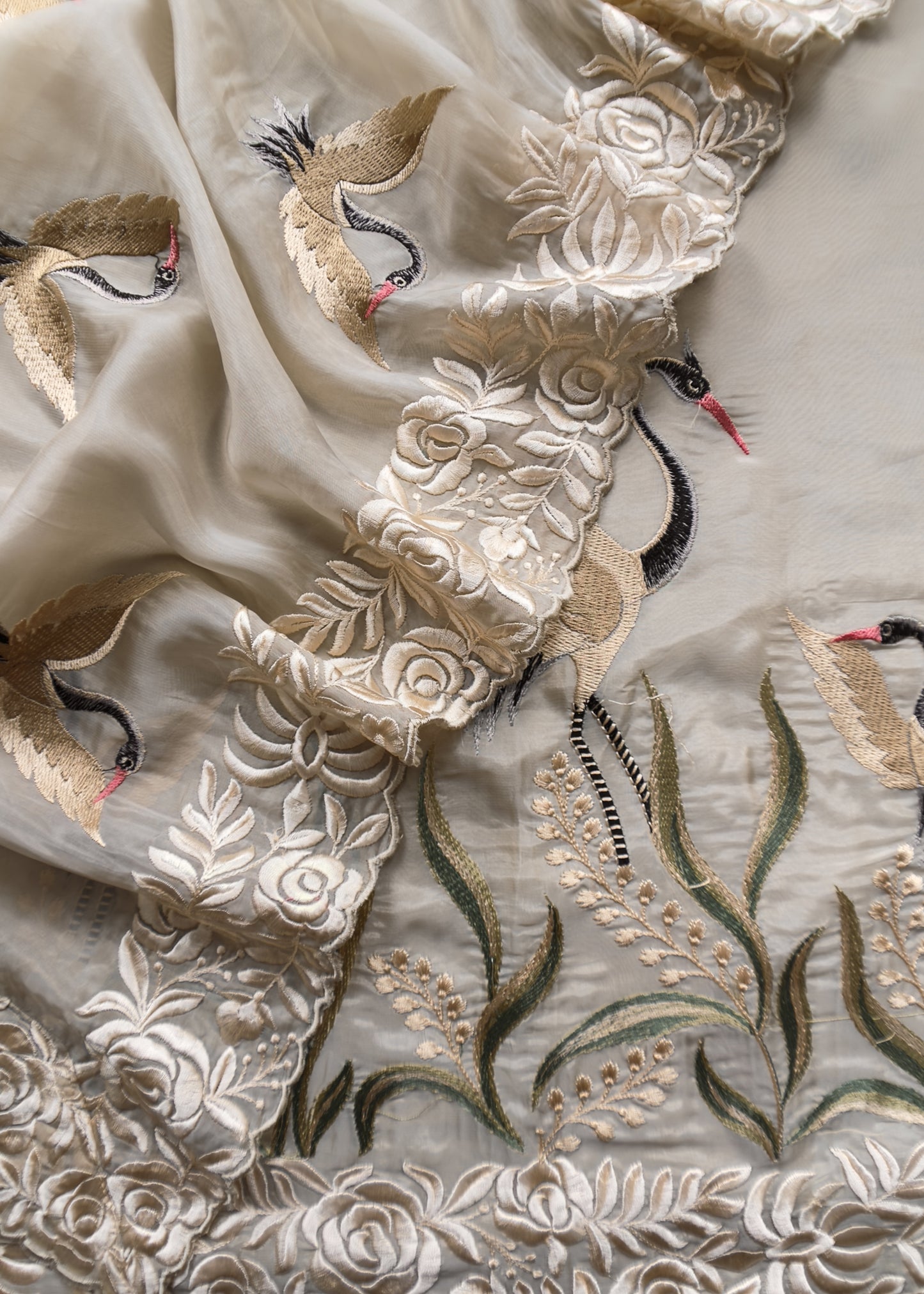 Sea Salt Flamingo Organza Georgette Suit Fabric With Resham Embroidery