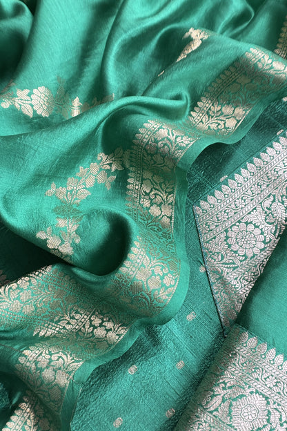 Sea Green Pure Raw Silk Suit With Silk Floral Dupatta
