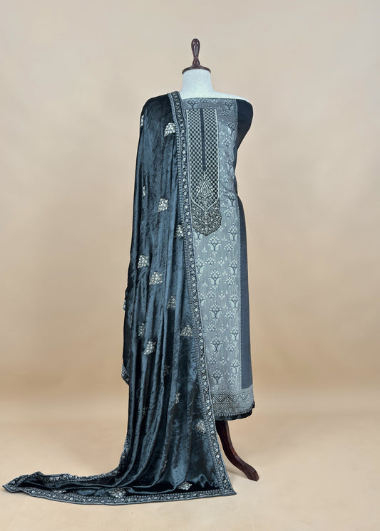 Teal Blue Velvet Silk Suit With Dupatta