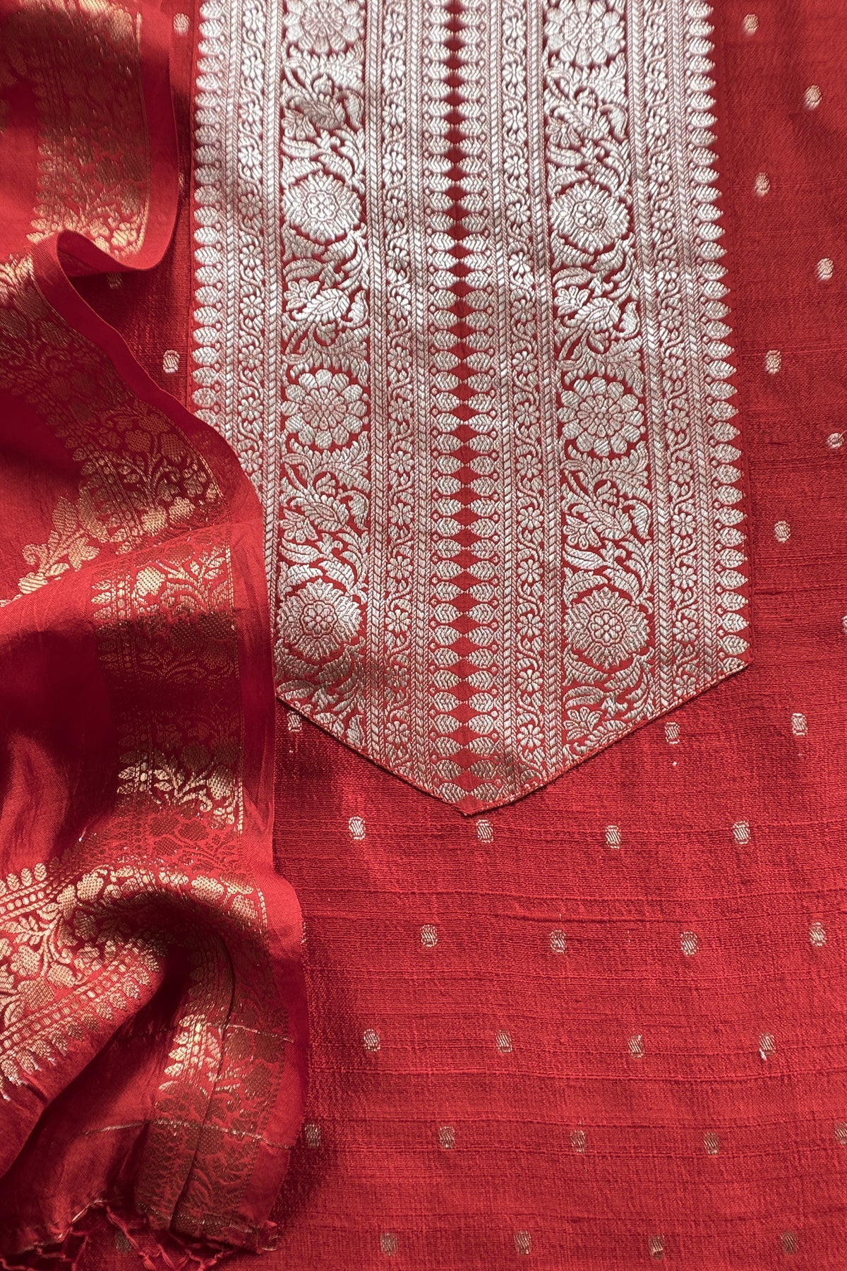 Red Pure Raw Silk Suit With Silk Floral Dupatta