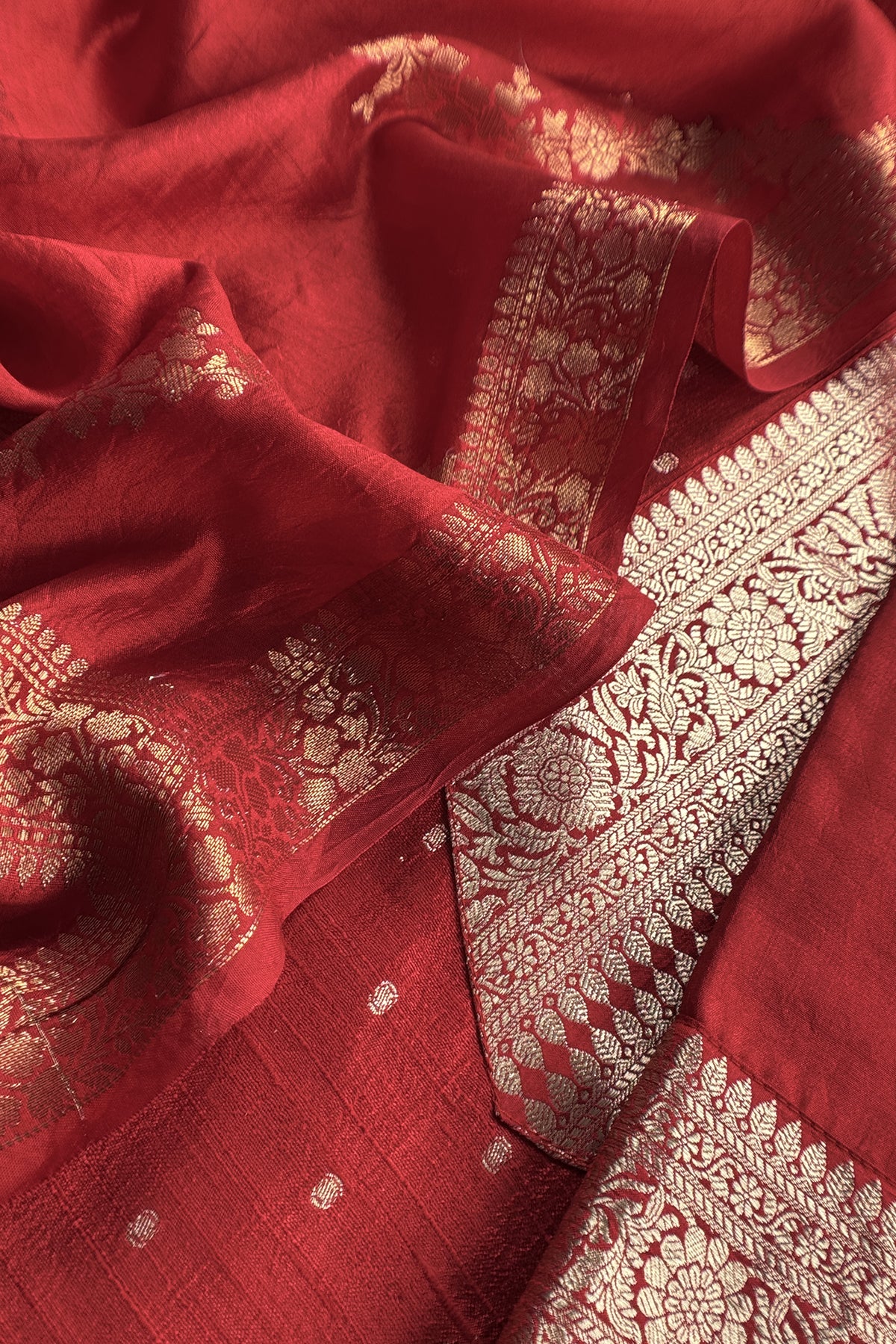 Red Pure Raw Silk Suit With Silk Floral Dupatta