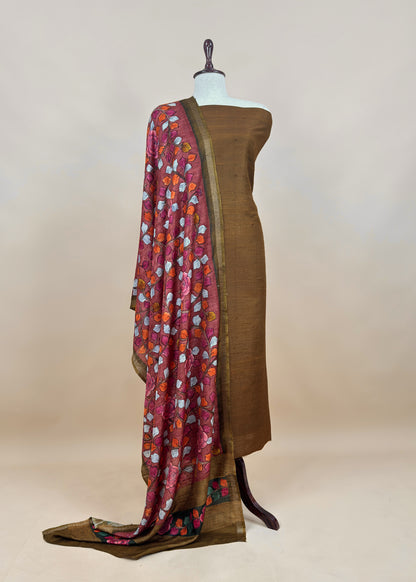 Rust Raw Silk Unstitched Suits With Kalamkari Dupatta
