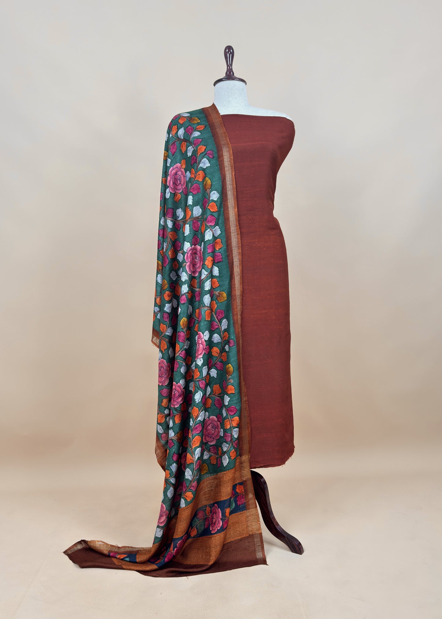 Rust Raw Silk Unstitched Suits With Kalamkari Dupatta