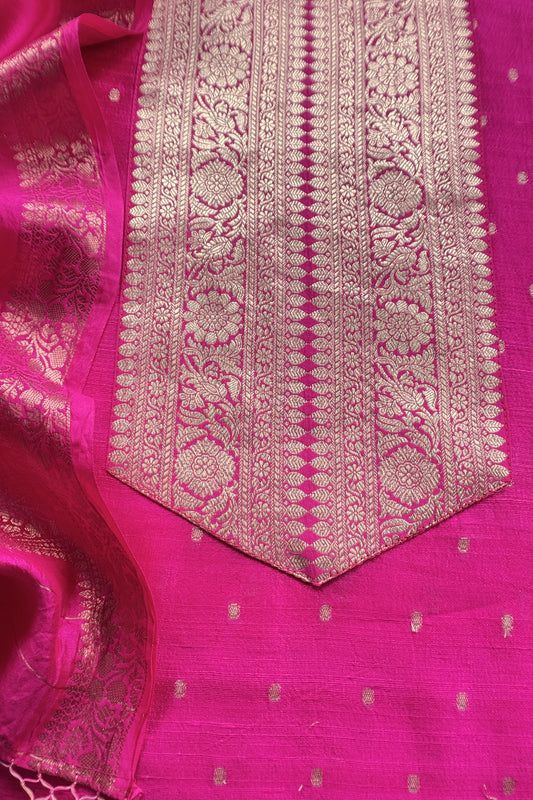 Rani Pink Pure Raw Silk Suit With Silk Floral Dupatta