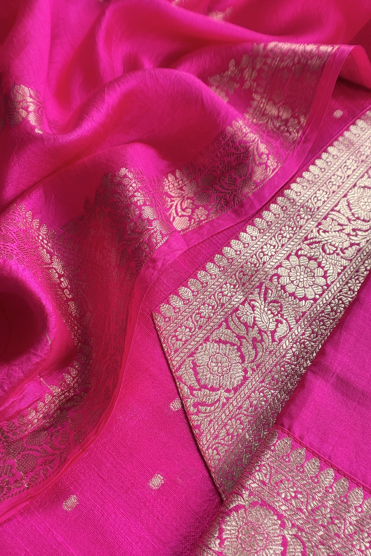 Rani Pink Pure Raw Silk Suit With Silk Floral Dupatta