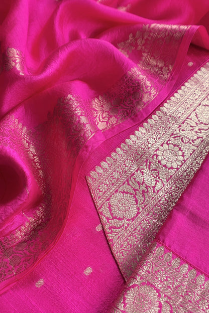 Rani Pink Pure Raw Silk Suit With Silk Floral Dupatta