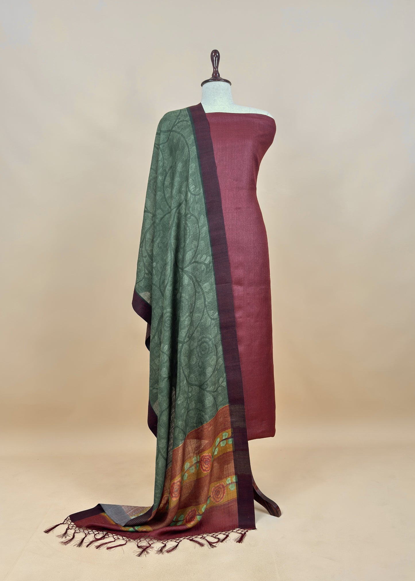 Maroon Pashmina Unstitched Suits With Kalamkari Dupatta