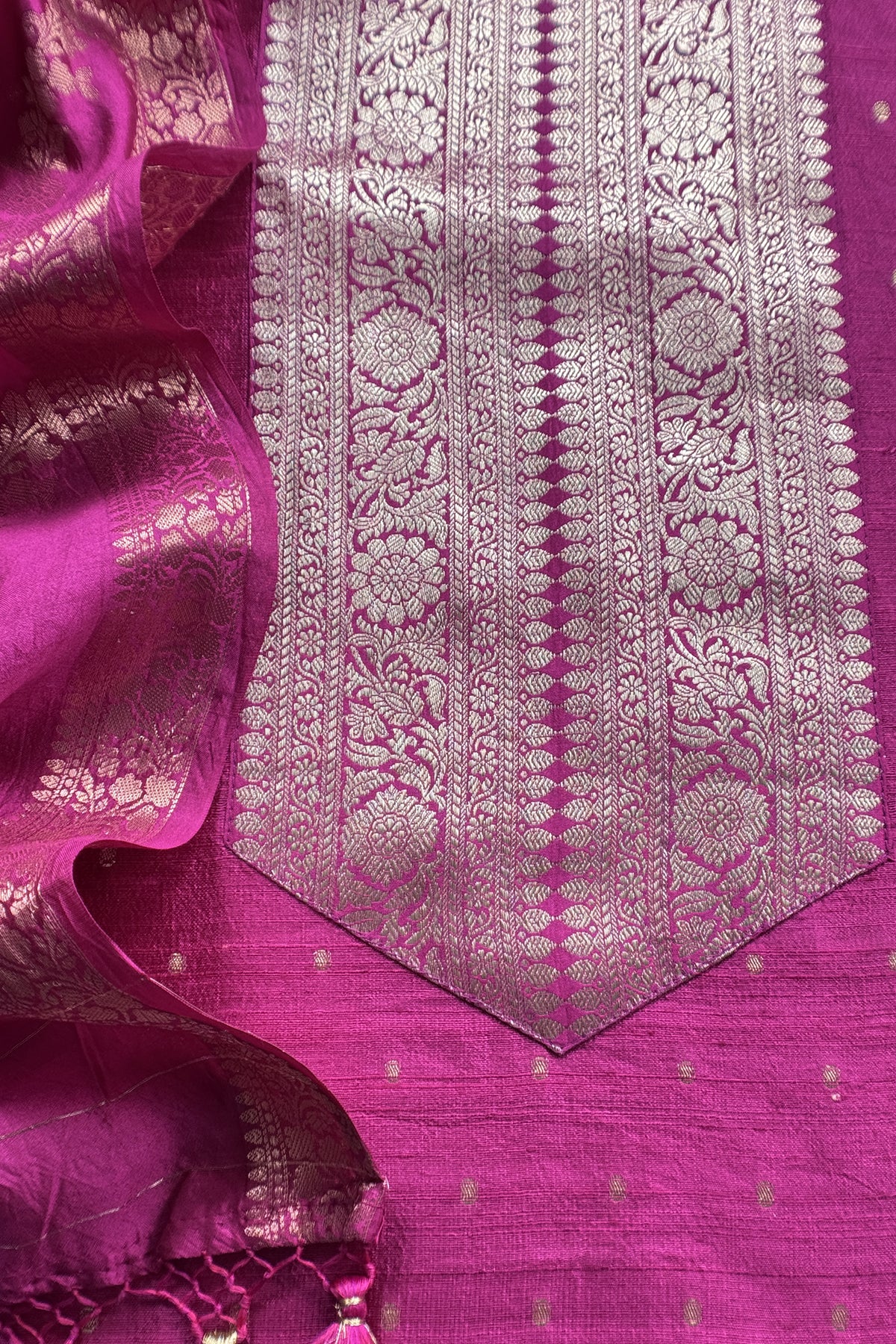 Magenta Pink Pure Raw Silk Suit With Silk Floral Dupatta