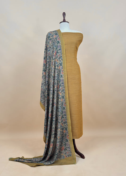 Yellow Pashmina Unstitched Suits With Kalamkari Dupatta