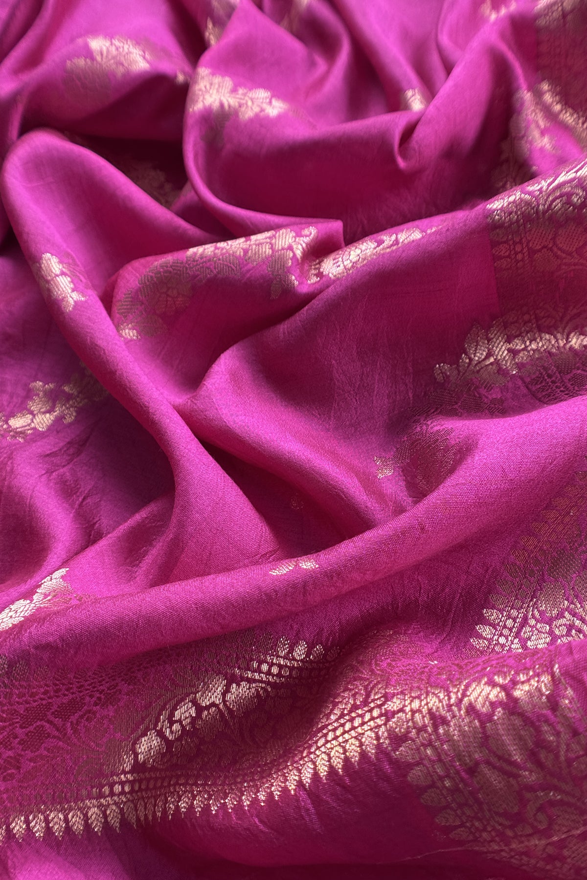 Magenta Pink Pure Raw Silk Suit With Silk Floral Dupatta