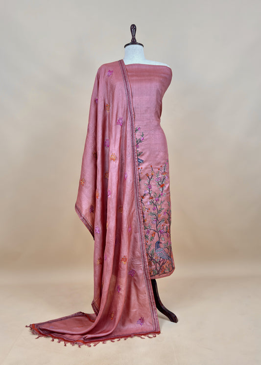 Peach Kantha Embroidered Unstitched Suit In Handloom Tussar Silk