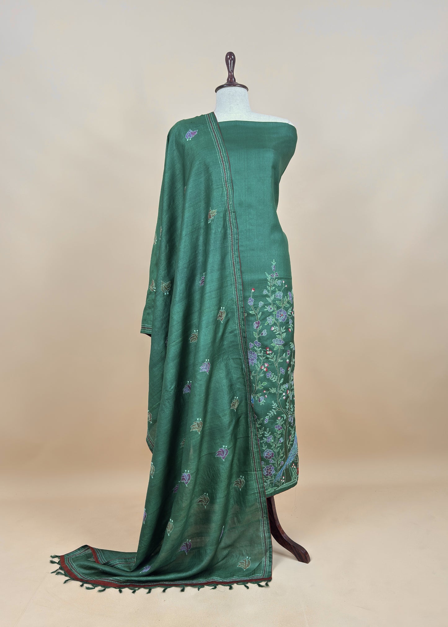 Peach Kantha Embroidered Unstitched Suit In Handloom Tussar Silk