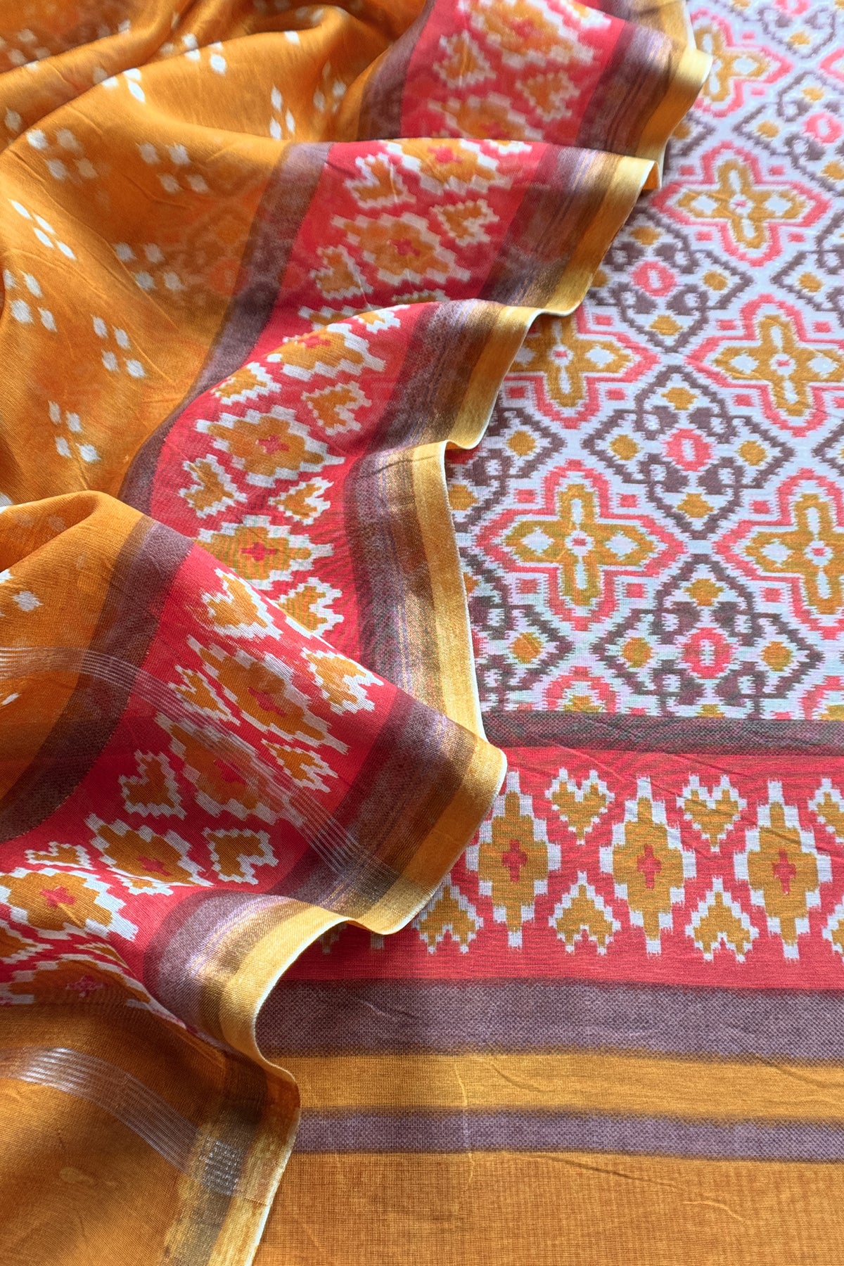 Mustard Handloom Patola Suit In Maheshwari Silk With Bandhani Dupatta