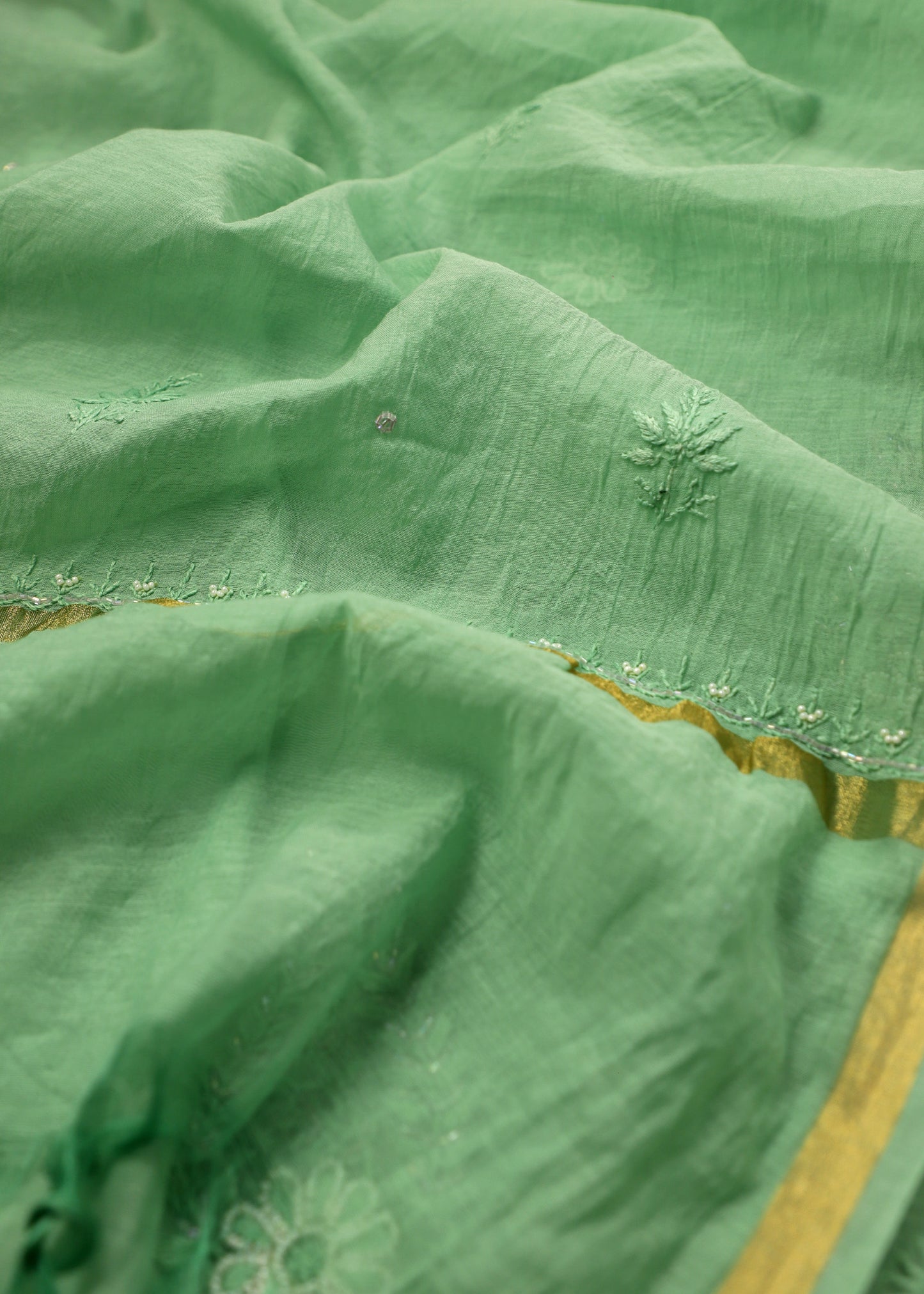 Light Green Lakhnavi Mul Chanderi Suit With Dupatta