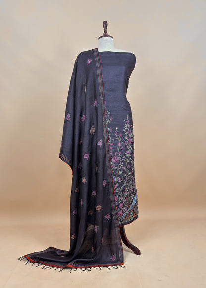 Black Kantha Embroidered Unstitched Suit In Handloom Tussar Silk