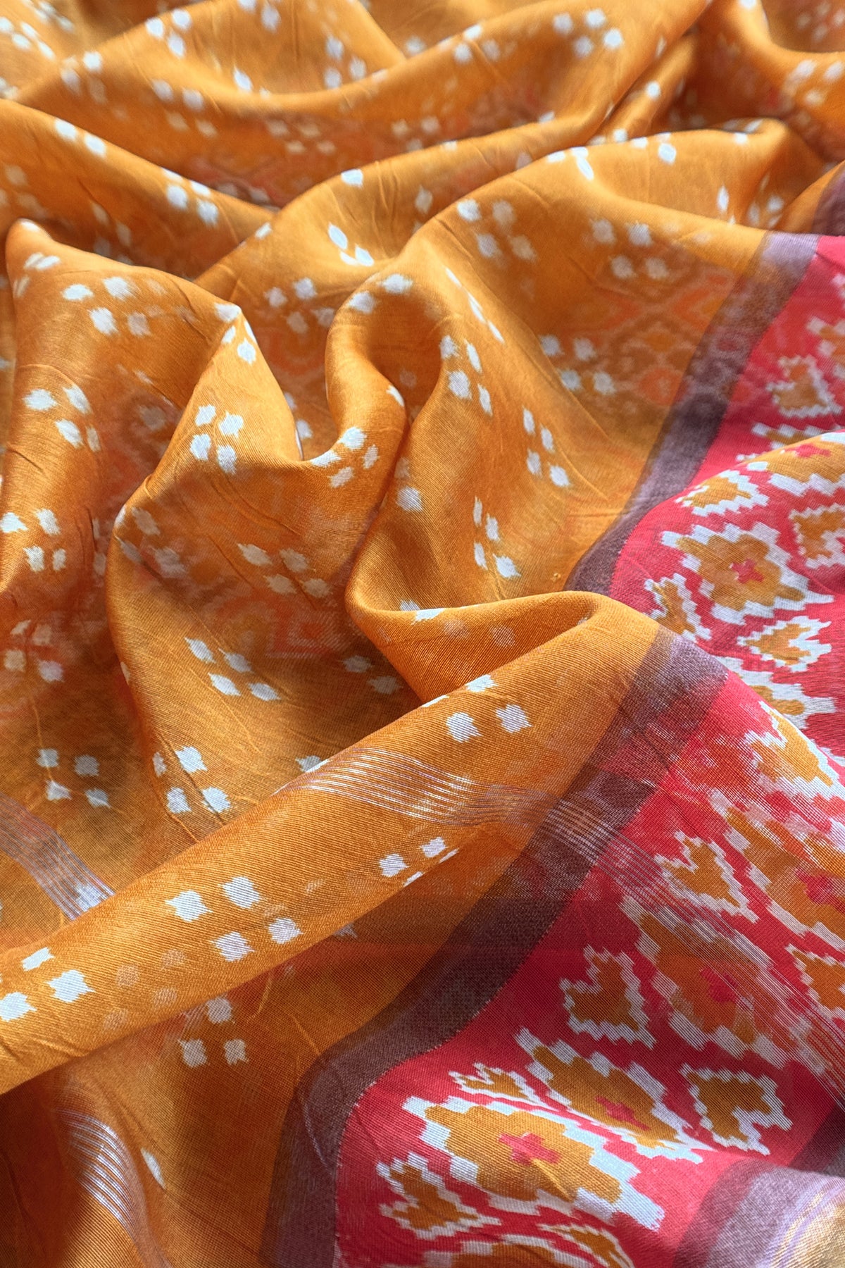 Mustard Handloom Patola Suit In Maheshwari Silk With Bandhani Dupatta