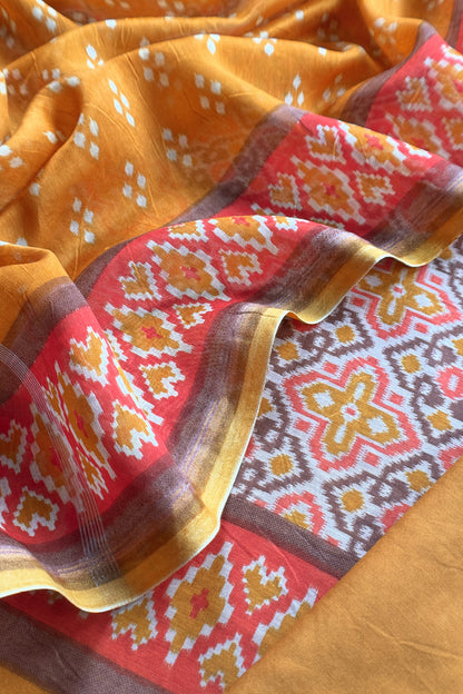 Mustard Handloom Patola Suit In Maheshwari Silk With Bandhani Dupatta