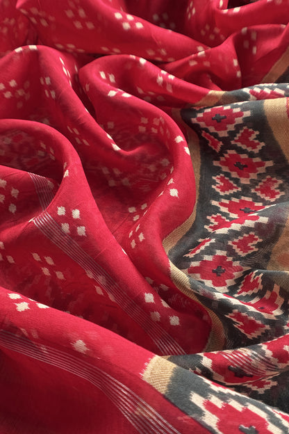 Red Handloom Patola Suit In Maheshwari Silk With Bandhani Dupatta