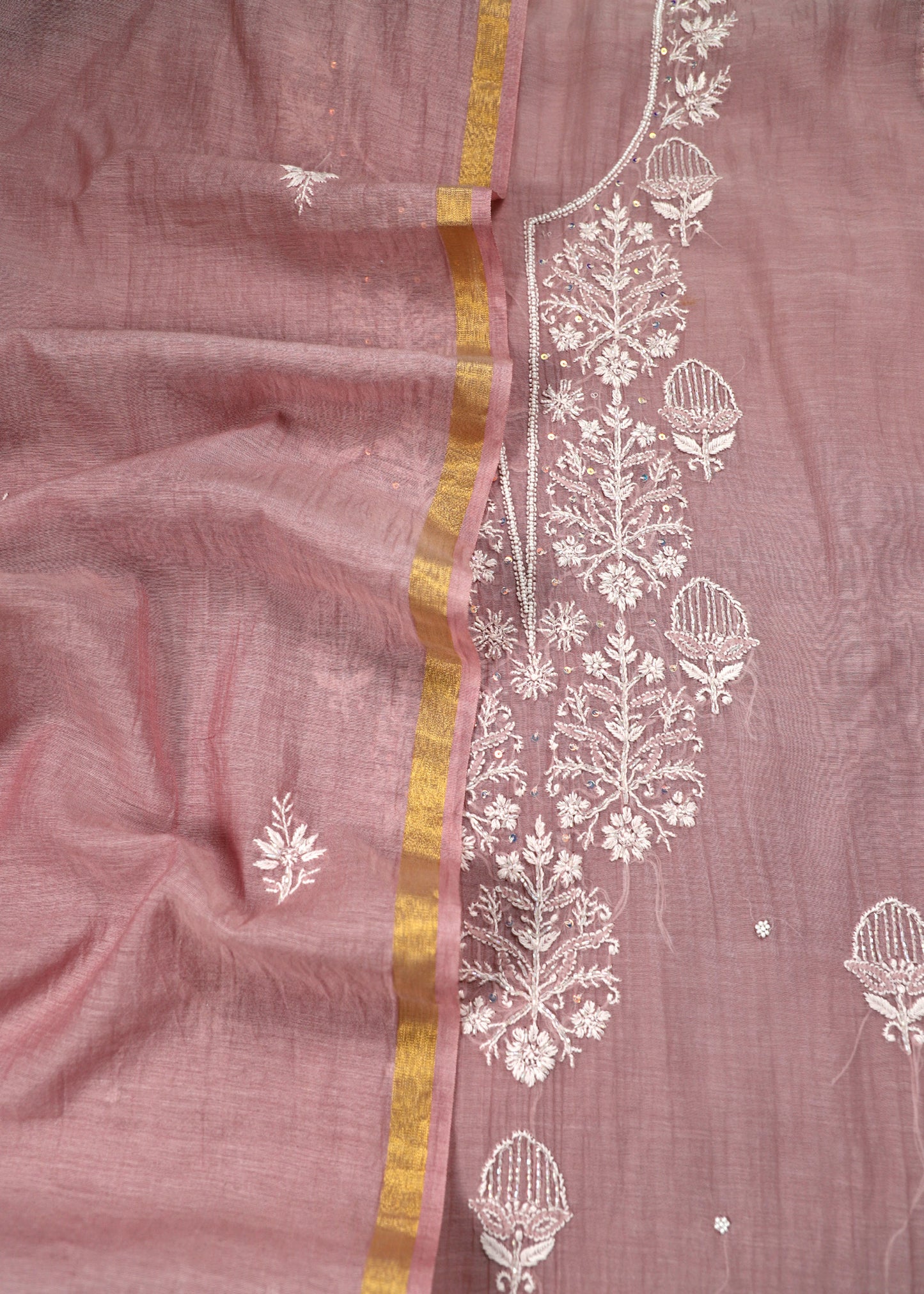 Pink Lakhnavi Mul Chanderi Suit With Chikankari Work