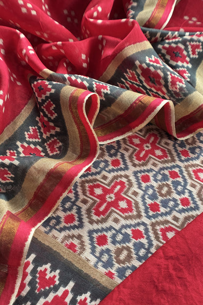 Red Handloom Patola Suit In Maheshwari Silk With Bandhani Dupatta