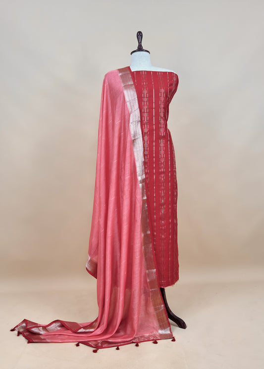 Red Varanasi Silk Suit With Zari Weaving