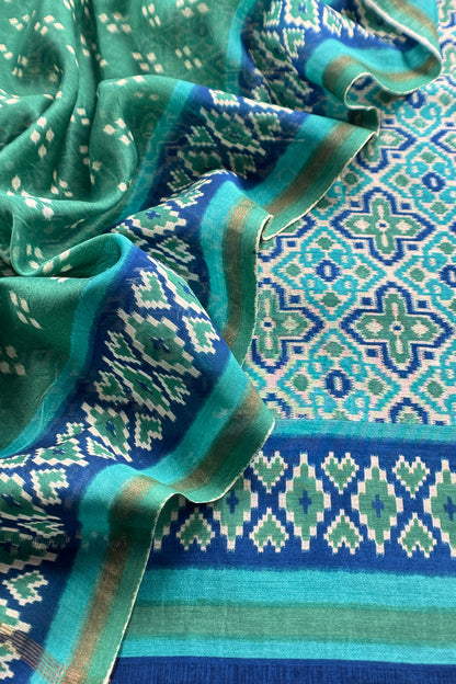 Green Handloom Patola Suit In Maheshwari Silk With Bandhani Dupatta