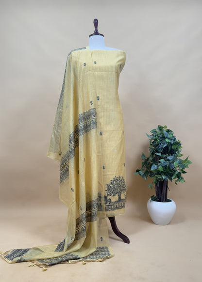 Apple Green Linen Chanderi Suit Fabric With Traditional Jamdani Weaving