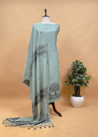 Apple Green Linen Chanderi Suit Fabric With Traditional Jamdani Weaving