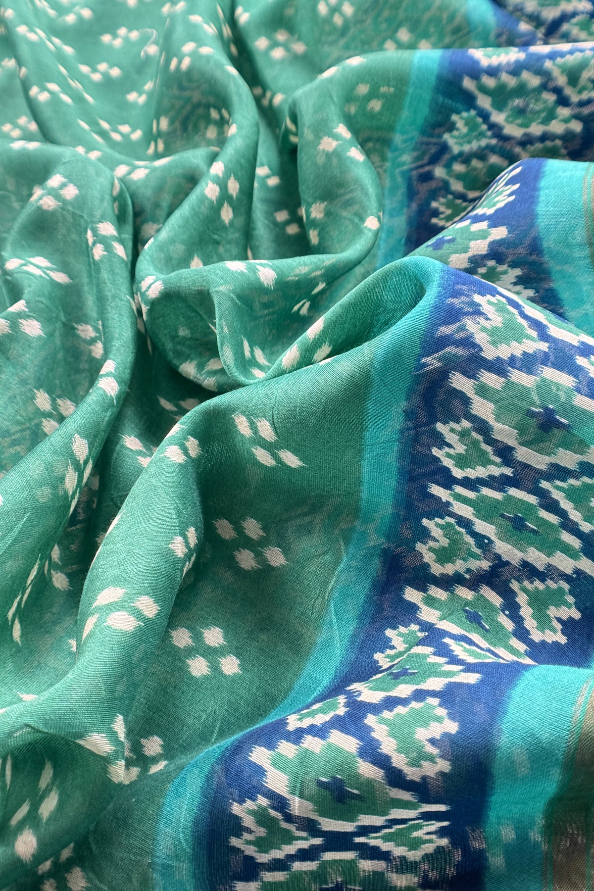 Green Handloom Patola Suit In Maheshwari Silk With Bandhani Dupatta