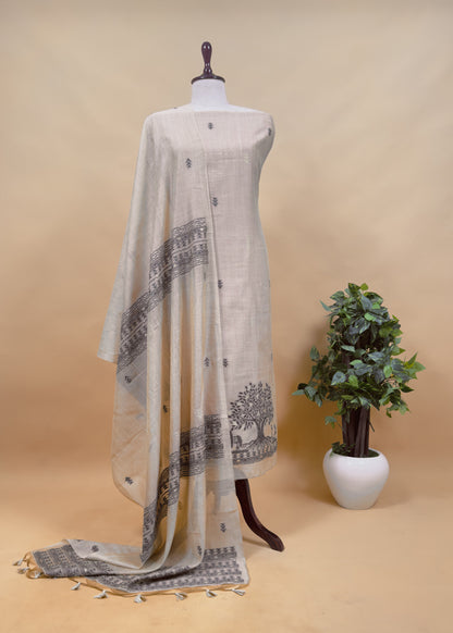 Apple Green Linen Chanderi Suit Fabric With Traditional Jamdani Weaving
