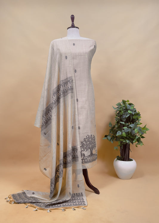 Beige Linen Chanderi Suit Fabric With Traditional Jamdani Weaving