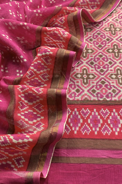 Pink Handloom Patola Suit In Maheshwari Silk With Bandhani Dupatta