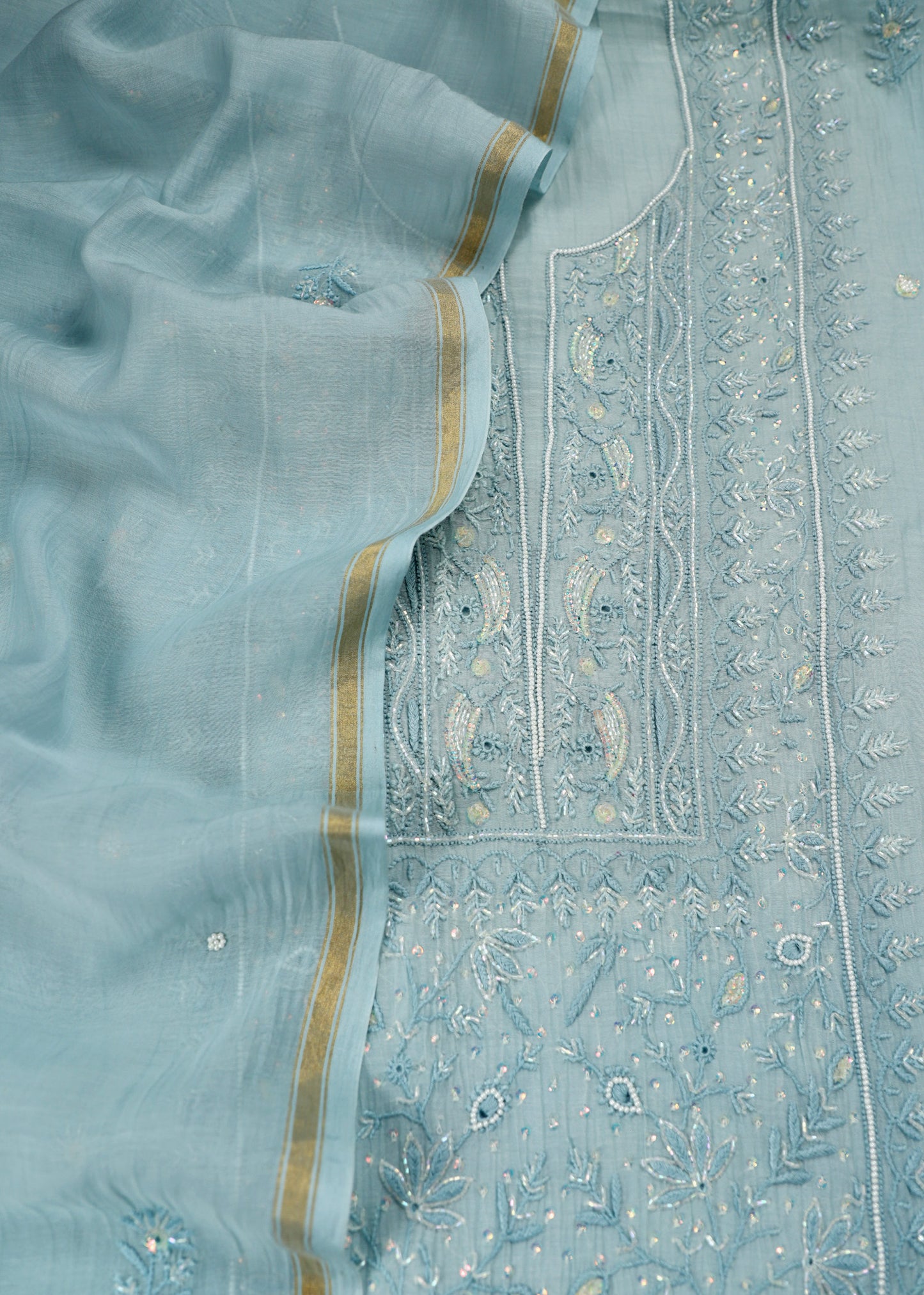 Sky Blue Lakhnavi Mul Chanderi Suit With Dupatta