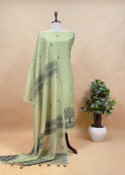 Apple Green Linen Chanderi Suit Fabric With Traditional Jamdani Weaving